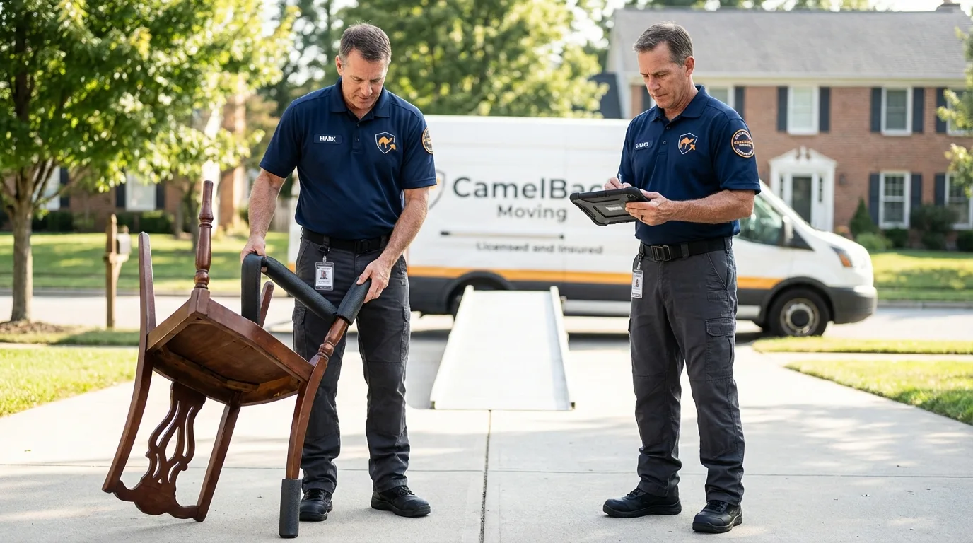 Movers inspecting furniture for damage prevention before loading in Kiefer, OK