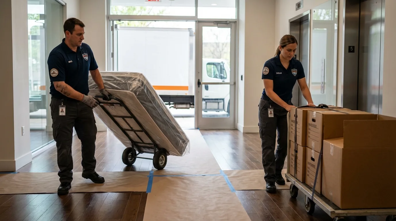 Professional apartment movers loading elevator in Kiefer, OK