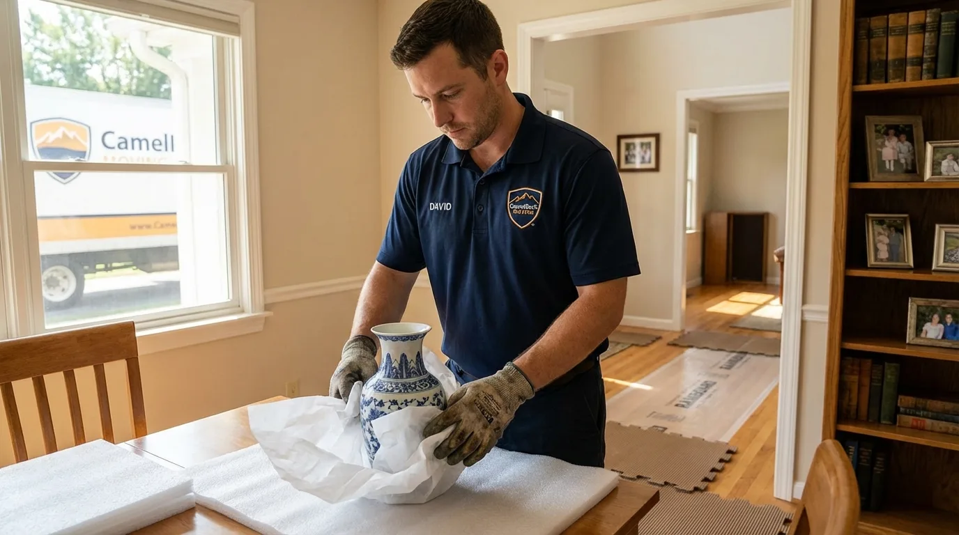 Professional crew carefully wrapping antique vase for senior downsizing move in Kiefer, OK